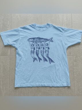 Mermaids Holding Fish Blue Line Art Light Blue Nautical Graphic T-Shirt